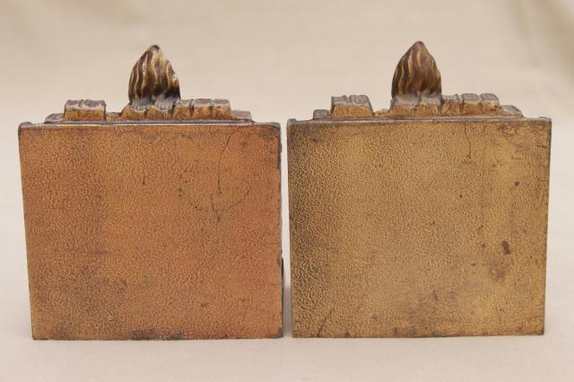 photo of vintage cast metal bookends w/ antique brass finish, book & candle stick stacks of books #5