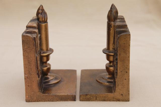 photo of vintage cast metal bookends w/ antique brass finish, book & candle stick stacks of books #6