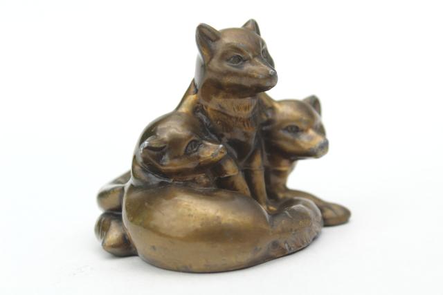 photo of vintage cast metal 'bronze', baby foxes fox cubs kits sculpture w/ antique brass finish #1