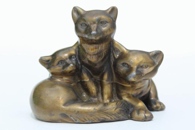 photo of vintage cast metal 'bronze', baby foxes fox cubs kits sculpture w/ antique brass finish #2