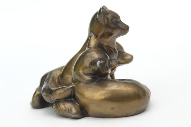 photo of vintage cast metal 'bronze', baby foxes fox cubs kits sculpture w/ antique brass finish #5