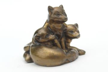 catalog photo of vintage cast metal 'bronze', baby foxes fox cubs kits sculpture w/ antique brass finish