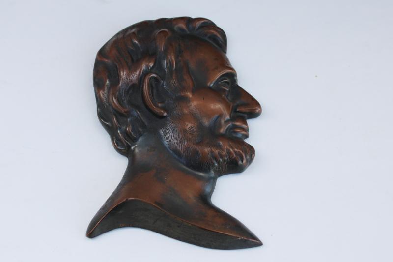 photo of vintage cast metal bronze bust of Lincoln, profile relief coin art portrait #1