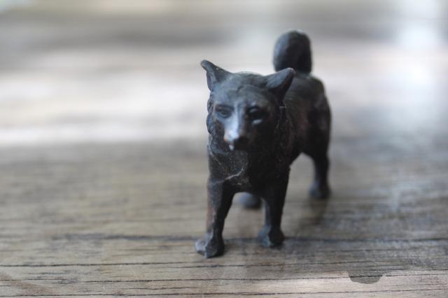 photo of vintage cast metal bronze dog miniature figurine, wolf, malamute or husky #2