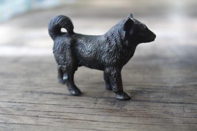 photo of vintage cast metal bronze dog miniature figurine, wolf, malamute or husky #3