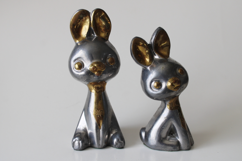 photo of vintage cast metal bunny figurines, pewter w/ brass bunny rabbits, whimsical cute faces  #1