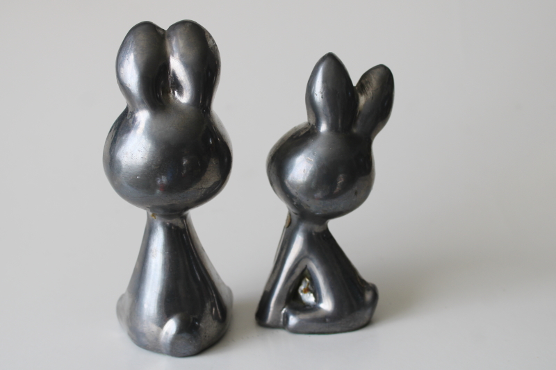 photo of vintage cast metal bunny figurines, pewter w/ brass bunny rabbits, whimsical cute faces  #2