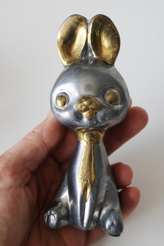 photo of vintage cast metal bunny figurines, pewter w/ brass bunny rabbits, whimsical cute faces  #3