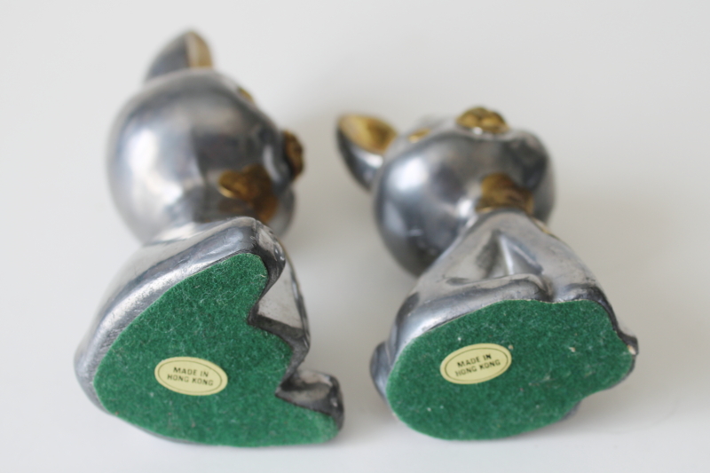 photo of vintage cast metal bunny figurines, pewter w/ brass bunny rabbits, whimsical cute faces  #4