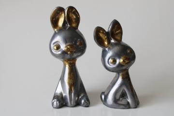 catalog photo of vintage cast metal bunny figurines, pewter w/ brass bunny rabbits, whimsical cute faces 