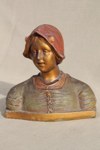 photo of vintage cast metal bust w/ worn paint, young girl in dutch hat folk costume #2