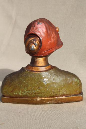 photo of vintage cast metal bust w/ worn paint, young girl in dutch hat folk costume #4