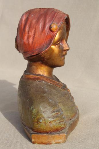 photo of vintage cast metal bust w/ worn paint, young girl in dutch hat folk costume #5