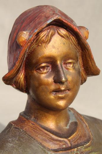 photo of vintage cast metal bust w/ worn paint, young girl in dutch hat folk costume #6