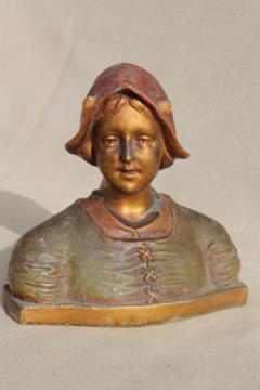 catalog photo of vintage cast metal bust w/ worn paint, young girl in dutch hat folk costume