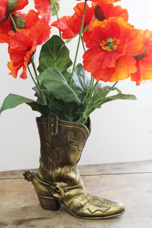 vintage cast metal cowboy boot vase, art brass antique patina rustic ...