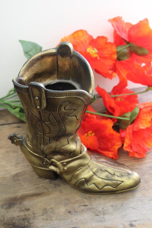 photo of vintage cast metal cowboy boot vase, art brass antique patina rustic western decor #2