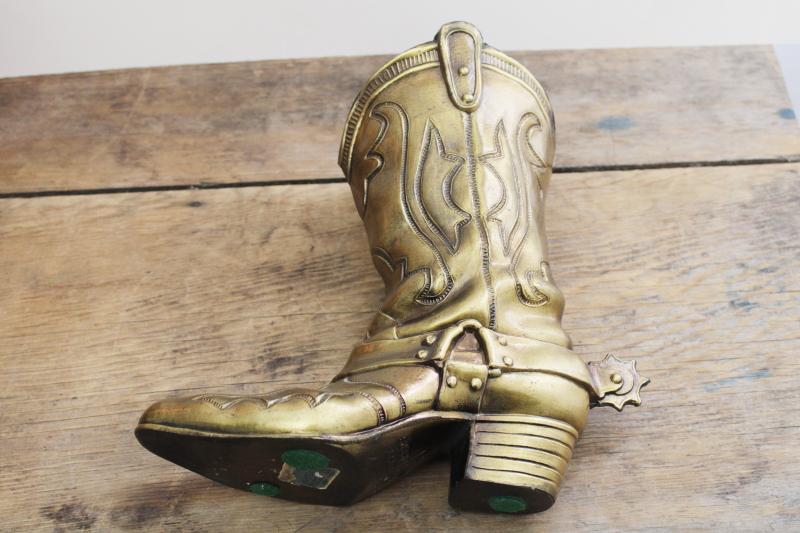 photo of vintage cast metal cowboy boot vase, art brass antique patina rustic western decor #9