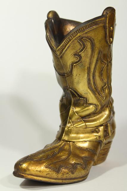 photo of vintage cast metal cowboy boot vase rustic distressed gold finish, western southwest decor #1