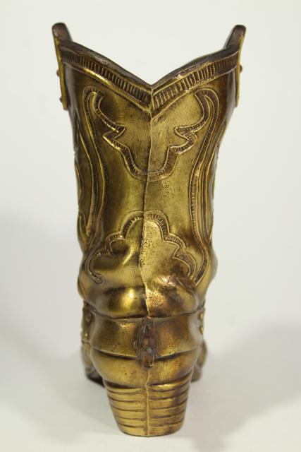 photo of vintage cast metal cowboy boot vase rustic distressed gold finish, western southwest decor #4