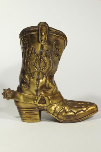 photo of vintage cast metal cowboy boot vase rustic distressed gold finish, western southwest decor #5