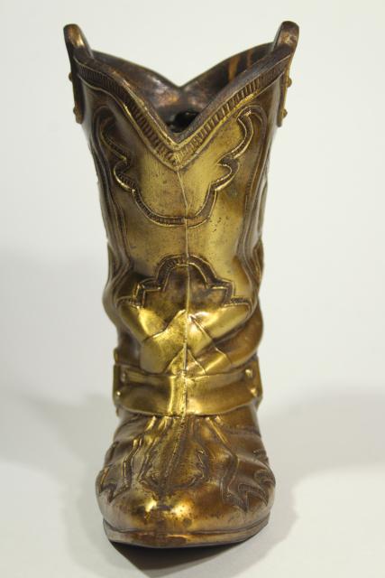 photo of vintage cast metal cowboy boot vase rustic distressed gold finish, western southwest decor #6