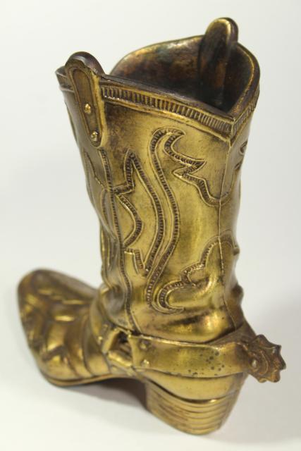 photo of vintage cast metal cowboy boot vase rustic distressed gold finish, western southwest decor #7