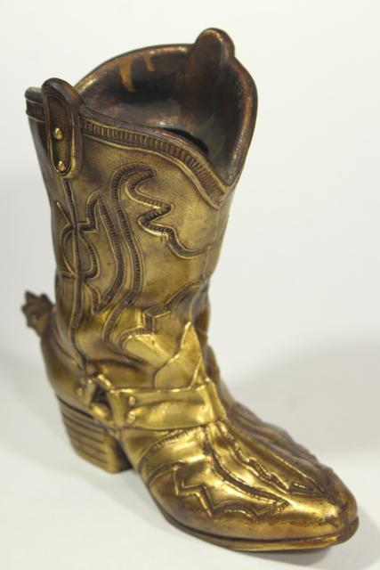 photo of vintage cast metal cowboy boot vase rustic distressed gold finish, western southwest decor #8