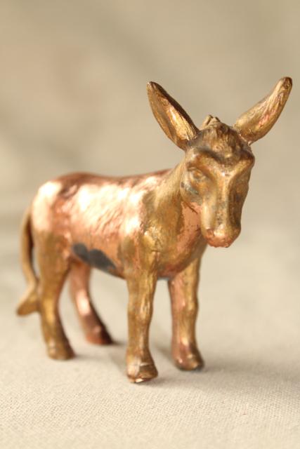photo of vintage cast metal donkey, small spelter animal figure w/ worn old copper brass finish #1