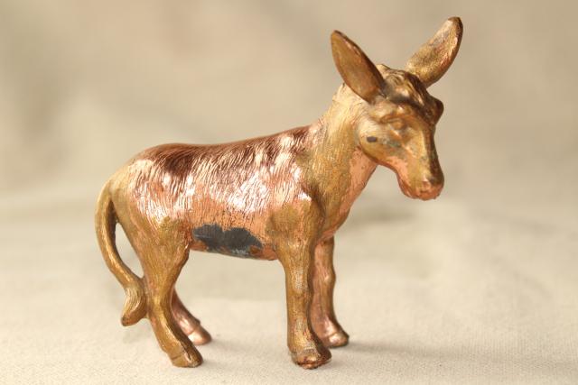 photo of vintage cast metal donkey, small spelter animal figure w/ worn old copper brass finish #2