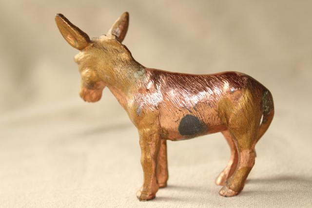 photo of vintage cast metal donkey, small spelter animal figure w/ worn old copper brass finish #4