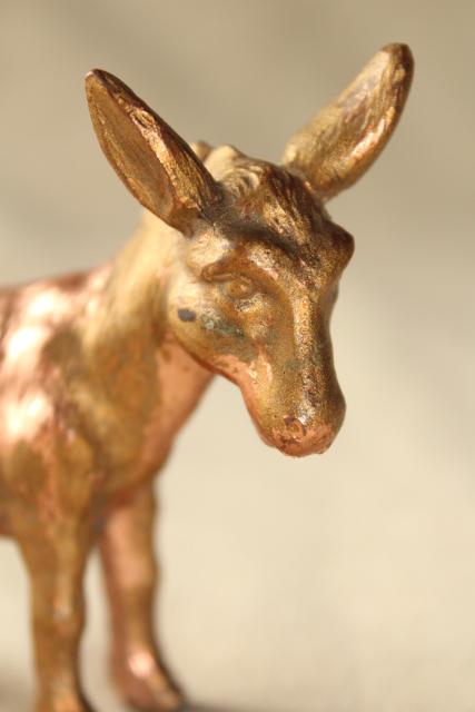 photo of vintage cast metal donkey, small spelter animal figure w/ worn old copper brass finish #6