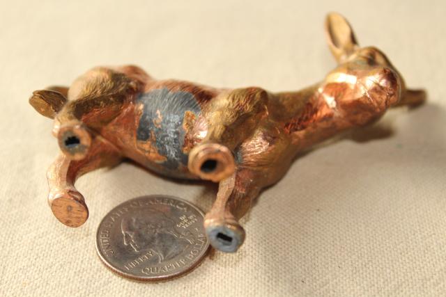 photo of vintage cast metal donkey, small spelter animal figure w/ worn old copper brass finish #7