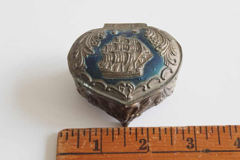 photo of vintage cast metal heart trinket box coastal grandmother style sailors valentine sailing ship #2