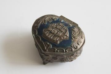 catalog photo of vintage cast metal heart trinket box coastal grandmother style sailors valentine sailing ship