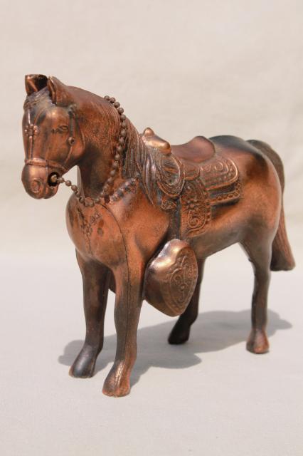 photo of vintage cast metal horse, antique copper finish spelter statue lamp or clock figure #1