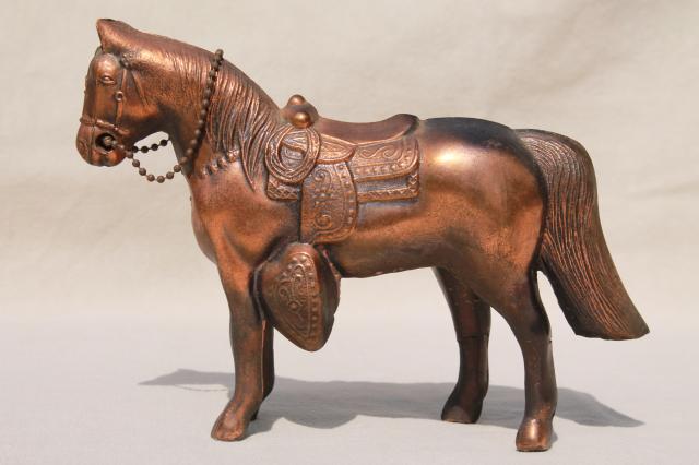 photo of vintage cast metal horse, antique copper finish spelter statue lamp or clock figure #2