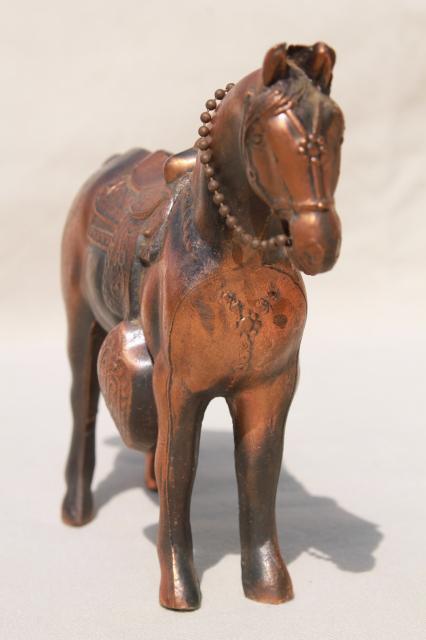 photo of vintage cast metal horse, antique copper finish spelter statue lamp or clock figure #3