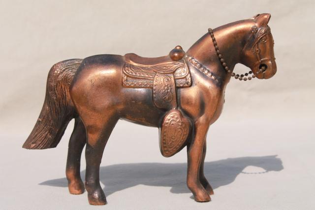 photo of vintage cast metal horse, antique copper finish spelter statue lamp or clock figure #4