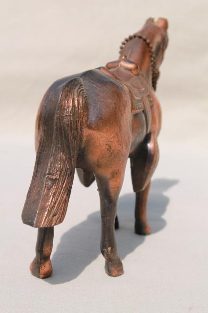 photo of vintage cast metal horse, antique copper finish spelter statue lamp or clock figure #5