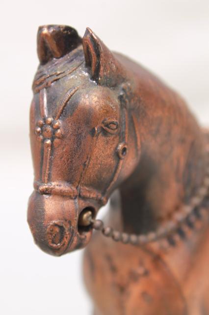 photo of vintage cast metal horse, antique copper finish spelter statue lamp or clock figure #7