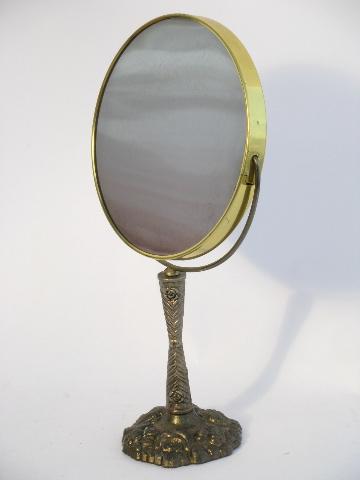 photo of vintage cast metal magnifying shaving or vanity mirror on stand, antique brass finish #2