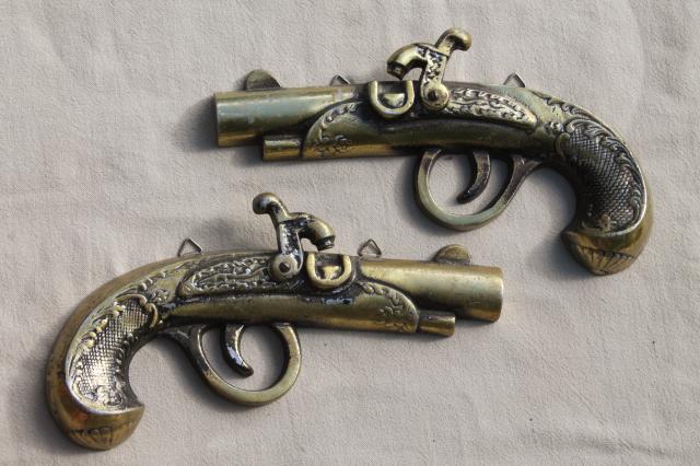 photo of vintage cast metal wall plaques, wild west flintlock pistols wall art retro decor #1