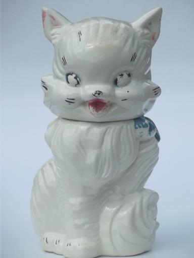 photo of vintage cat cookie jar w/ shabby old paint, American Bisque pottery? #1