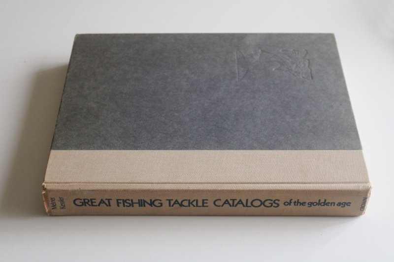 photo of vintage catalog reprints, book of fishing tackle, reels, lures with old line drawing illustrations  #1