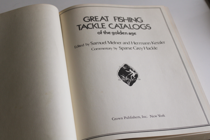 photo of vintage catalog reprints, book of fishing tackle, reels, lures with old line drawing illustrations  #2