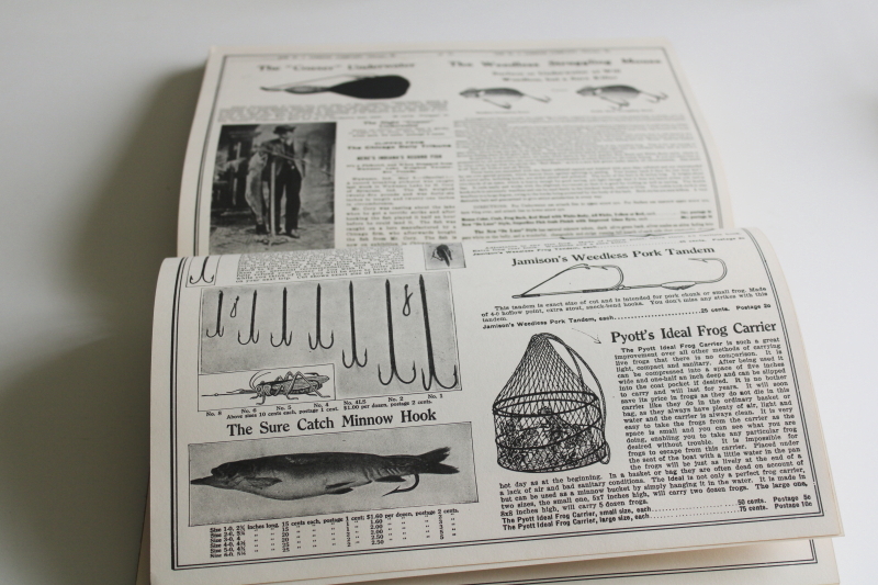 photo of vintage catalog reprints, book of fishing tackle, reels, lures with old line drawing illustrations  #6