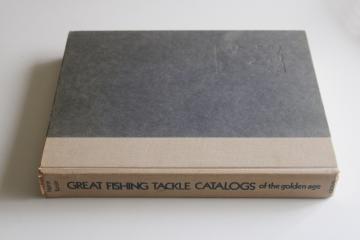 vintage catalog reprints, book of fishing tackle, reels, lures with old line drawing illustrations 