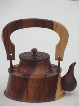 catalog photo of vintage cedarwood teapot, hand carved wood tea pot collectible primitive decoration