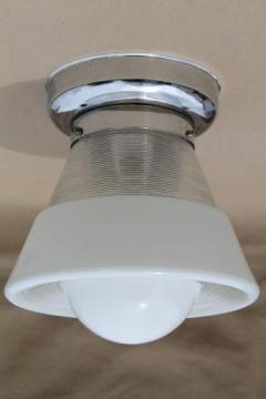 catalog photo of vintage ceiling light fixture w/ glass bullseye reflector shade, industrial flush mount fixture